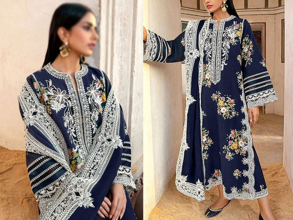 Luxury Heavy Embroidered EID Cotton Dress with Emb. Chiffon Dupatta (DZ17014)