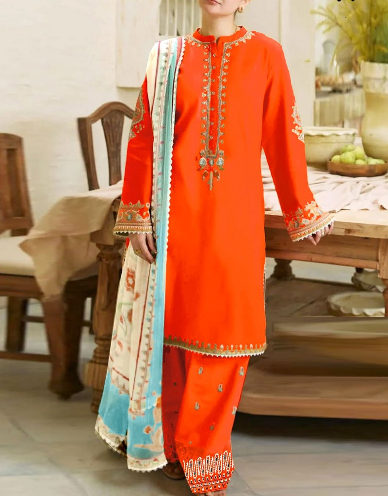open lace back dress Pakistani Dress Orange Lawn & Net