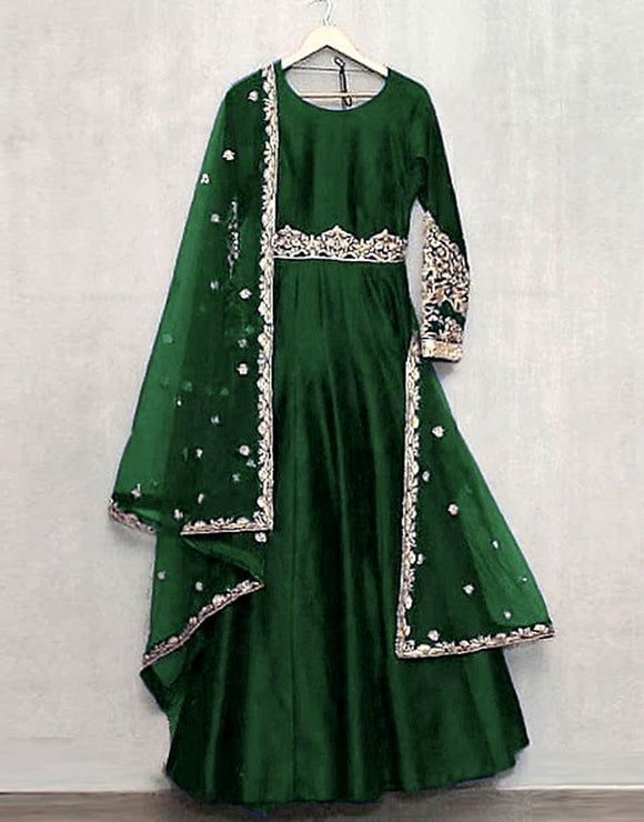 Readymade 3-Piece Embroidered Silk Maxi Dress with Embroidered Chiffon Dupatta (DZ17348)
