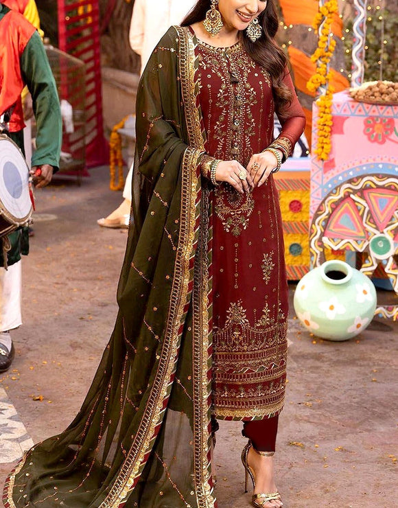 Adorable Embroidered Fancy Maroon Chiffon Party Wear Dress (DZ17400)