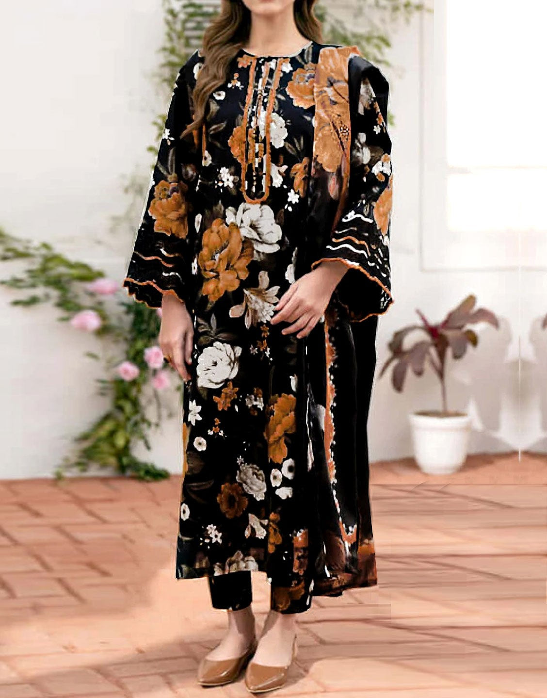All-Over Digital Print Karandi Dress with Karandi Dupatta (DZ17521