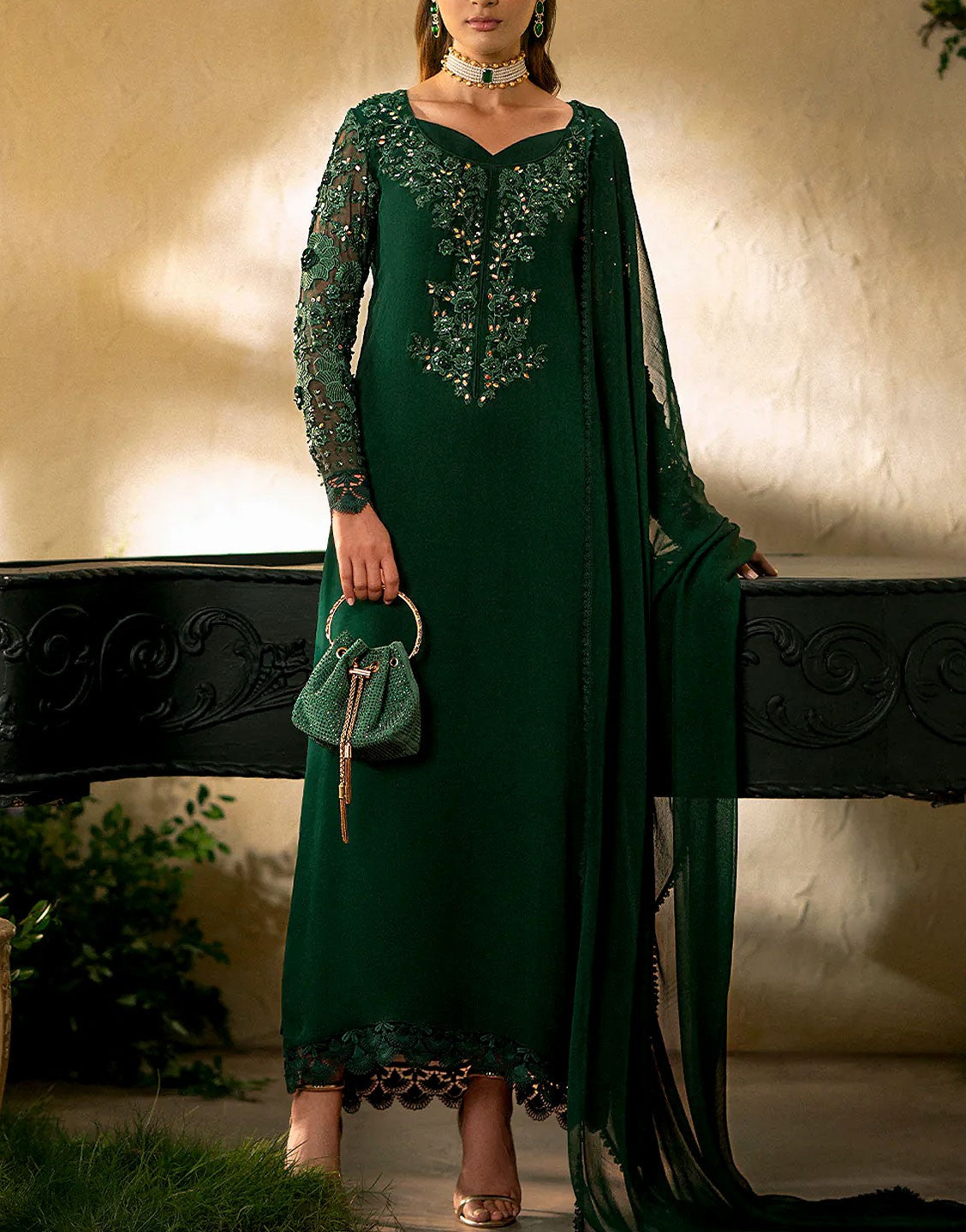 Elegant Embroidered Chiffon Party Wear Dress 2024 with Silk Trouser D DressyZone