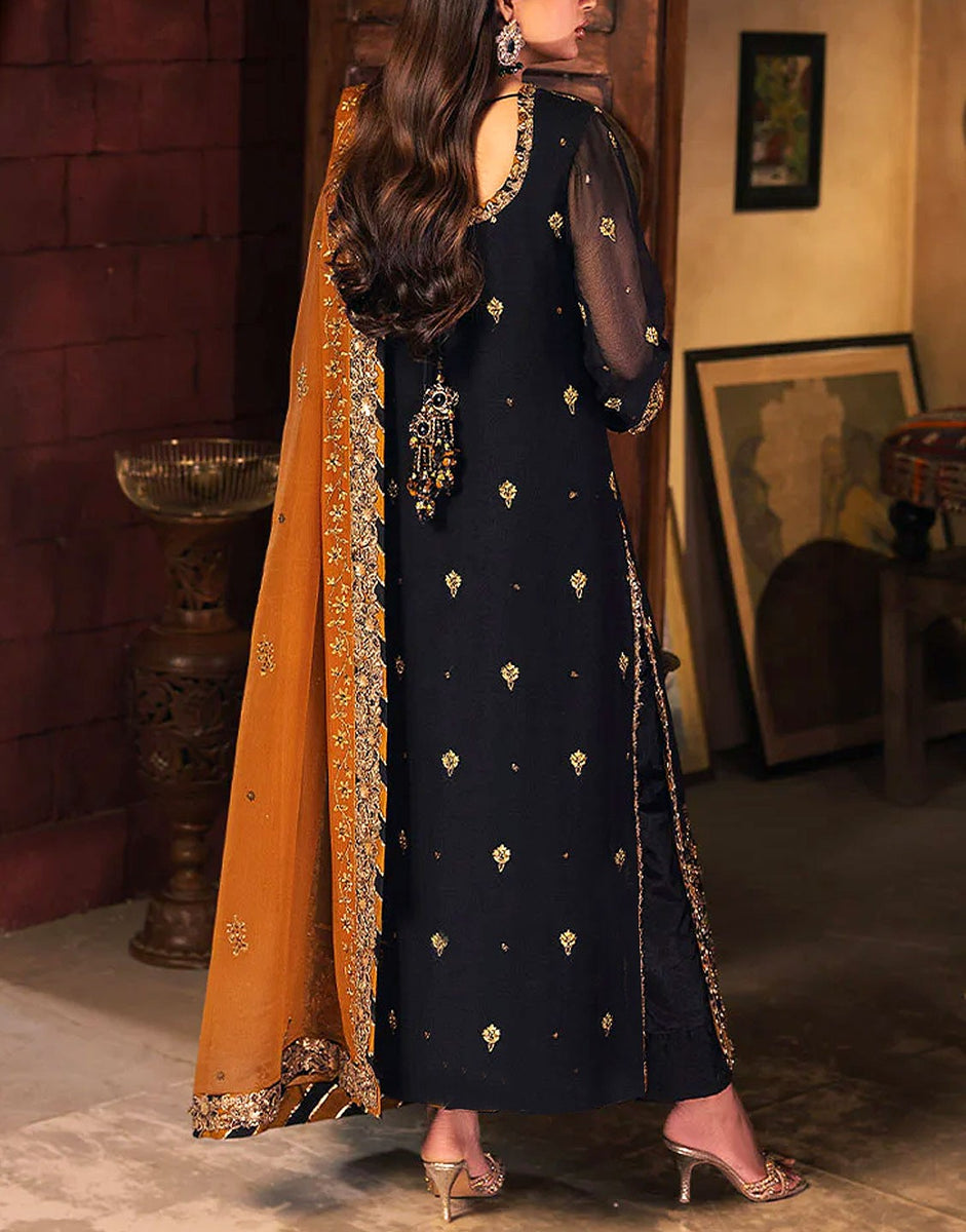 Heavy Embroidered Black Chiffon Party Wear Dress (DZ18242)