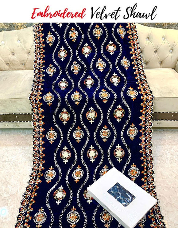 Heavy Embroidered Navy Blue Bridal Velvet Shawl (DZ17566)