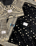 Luxury Heavy Embroidered Formal Black Net Wedding Saree (DZ17568)