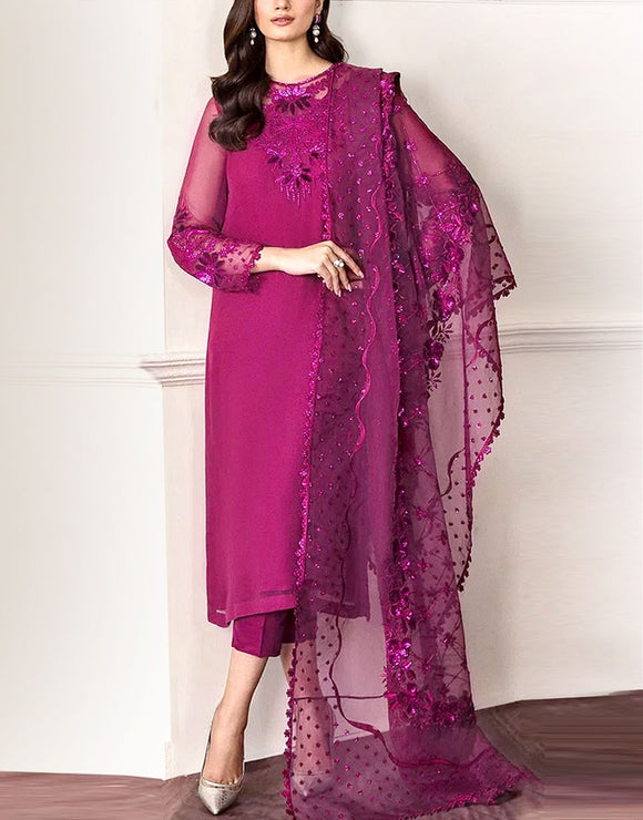 Fancy Embroidered Chiffon Party Wear Dress with Silk Trouser (DZ17619)