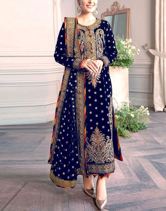 Luxury Heavy Embroidered Navy Blue Velvet Wedding Dress 2024 (DZ17622)