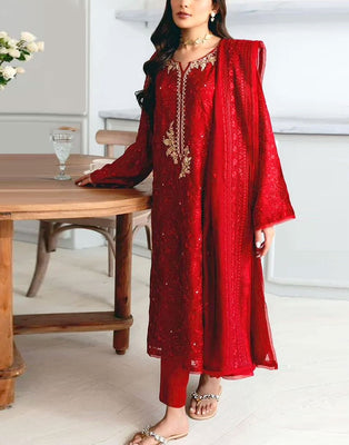 Heavy Embroidered Red Chiffon Party Wear Dress with Inner (DZ17636) DressyZone.com Heavy Embroidered Red Chiffon Party Wear Dress with Inner (DZ17636) DressyZone.com