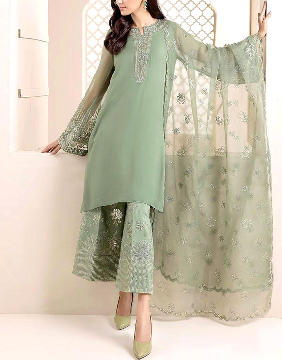 Formal Embroidered Organza Party Wear Dress with Emb. Silk Trouser (DZ17647)
