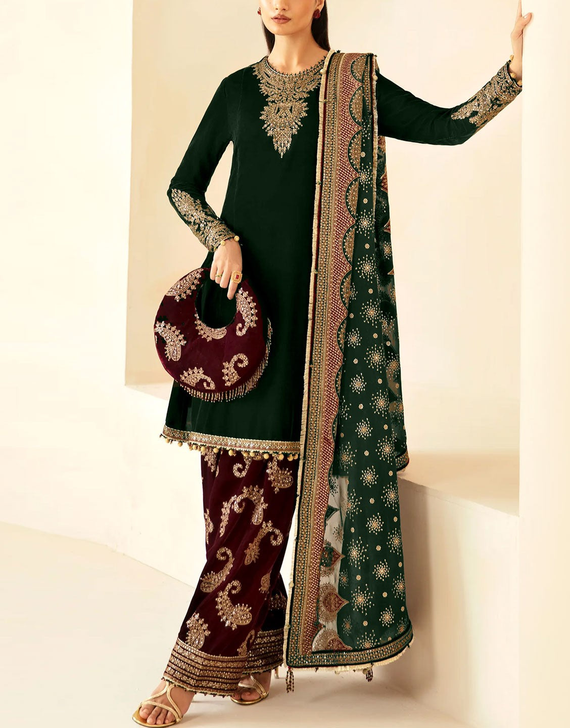 Formal Embroidered Velvet Party Wear Dress with Emb. Silk Trouser (DZ1 DressyZone.com Formal Embroidered Velvet Party Wear Dress with Emb. Silk Trouser (DZ1 DressyZone.com