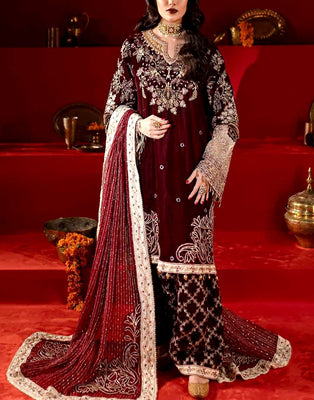 Luxurious Heavy Embroidered Velvet Dress with Emb. Silk Trouser (DZ17677)