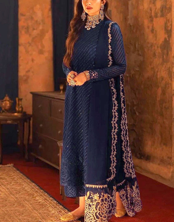 Fancy Heavy Embroidered Navy Blue Chiffon Wedding Dress (DZ17824)