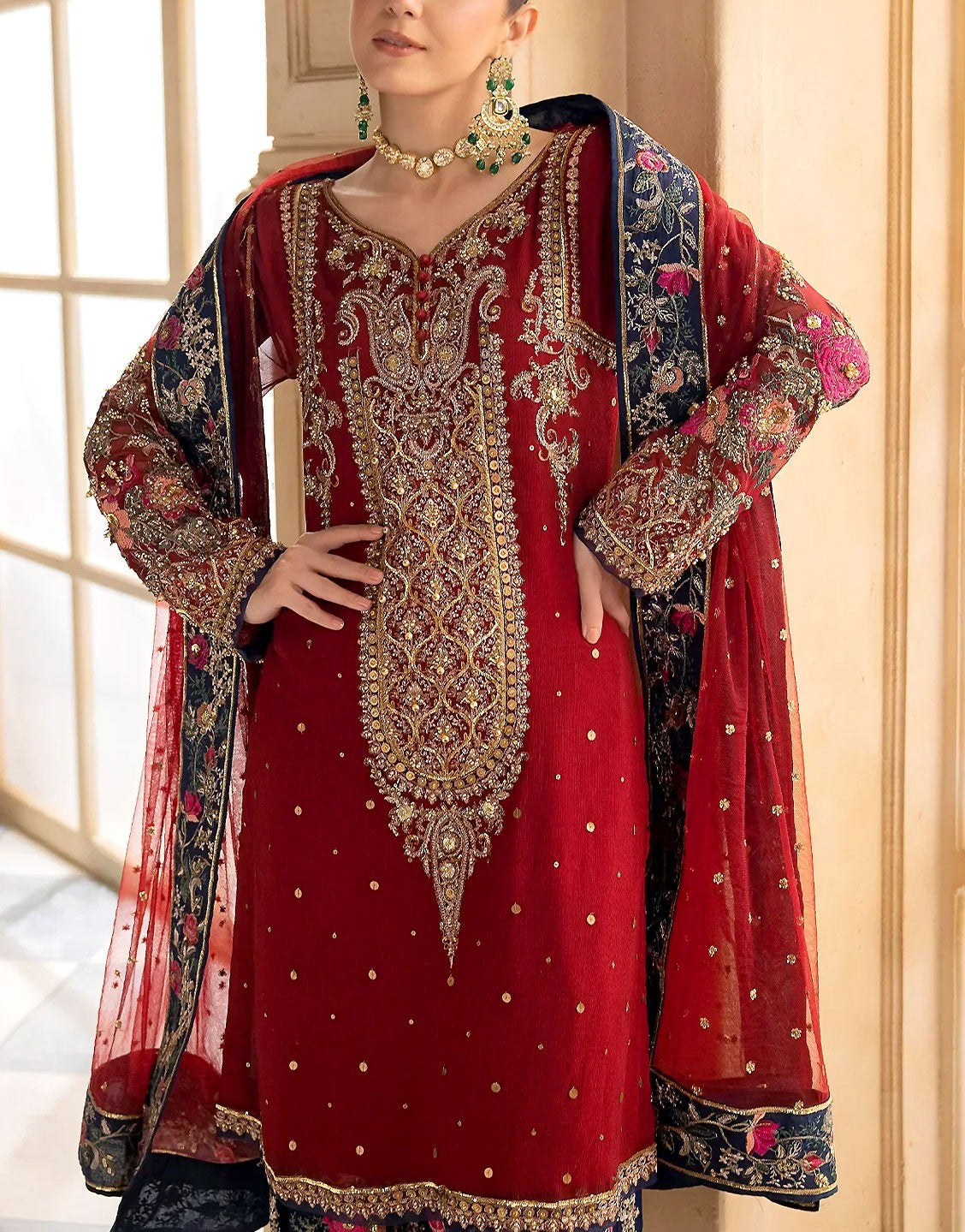 Heavy Embroidered with Handwork Red Chiffon Wedding Dress with Embroid –  DressyZone.com