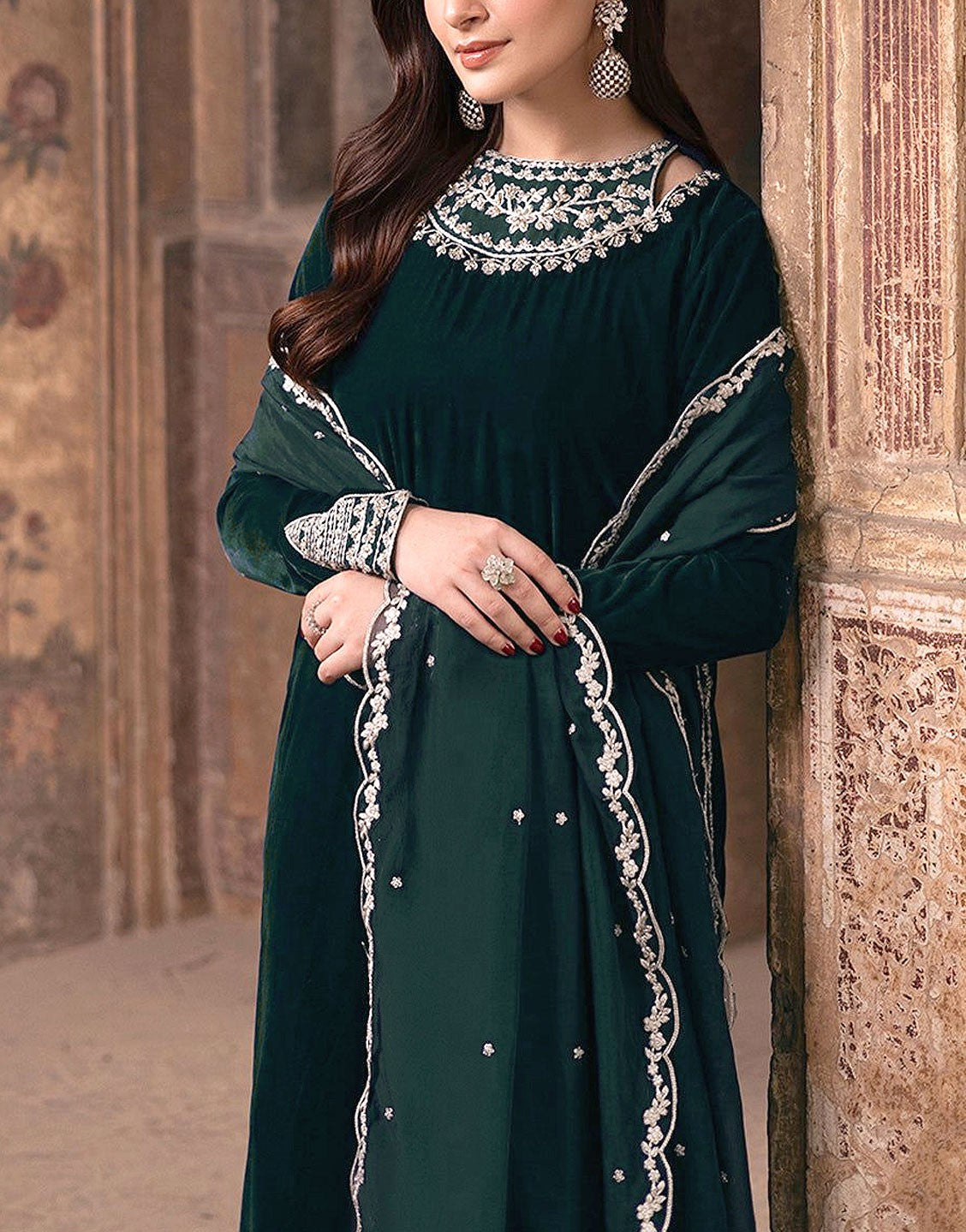 Decent Embroidered Velvet Party Wear Dress with Chiffon Dupatta (DZ178 –