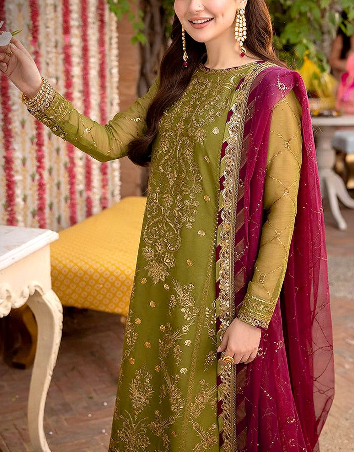 Heavy Embroidered Fancy Chiffon Mehndi Dress with Silk Trouser (DZ1786 DressyZone.com Heavy Embroidered Fancy Chiffon Mehndi Dress with Silk Trouser (DZ1786 DressyZone.com