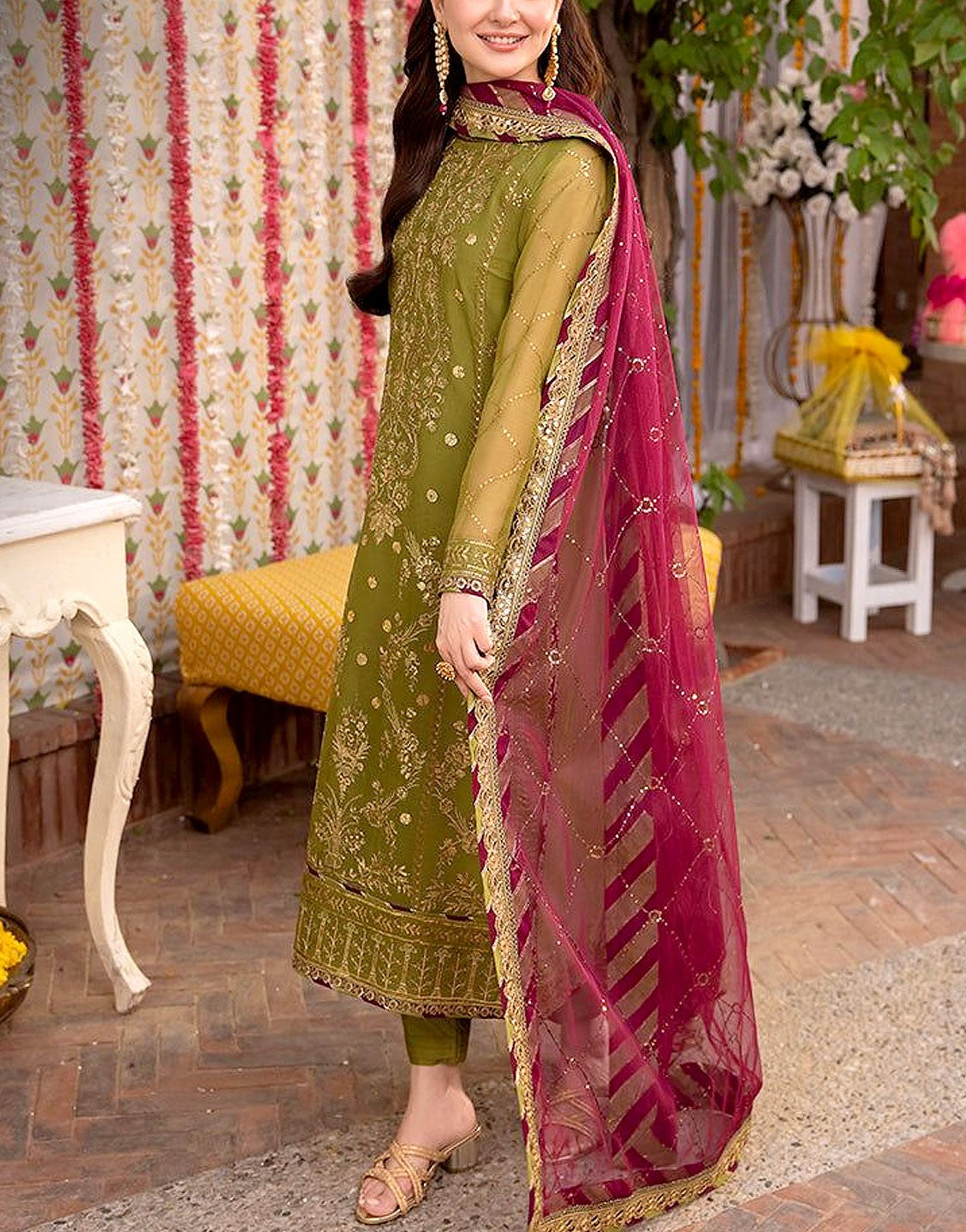 Heavy Embroidered Fancy Chiffon Mehndi Dress with Silk Trouser (DZ1786 –