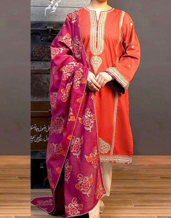 Elegant Embroidered Lawn Dress with Digital Print Diamond Zari Dupatta (DZ17879)