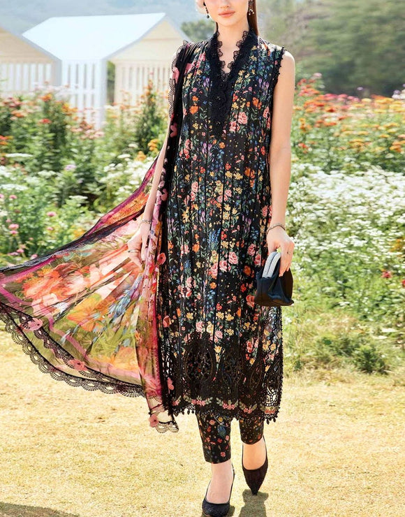 All-Over Print Embroidered Black Lawn Suit 2025 with Chiffon Dupatta (DZ17998)
