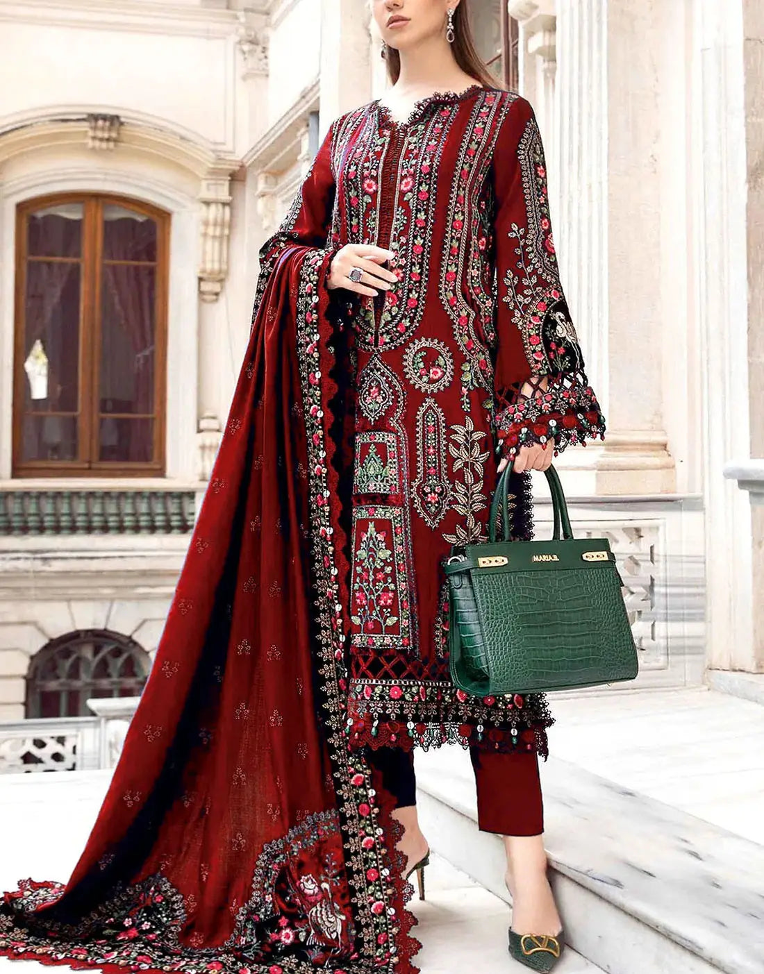 Cultural Inspired Embroidered Cotton Dress with Chiffon Dupatta (DZ179 –