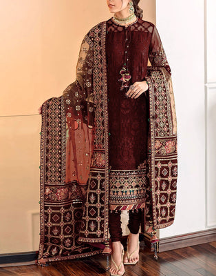 Heavy Sequins Embroidered Maroon Cotton Dress with Printed Diamond Dupatta (DZ18000)