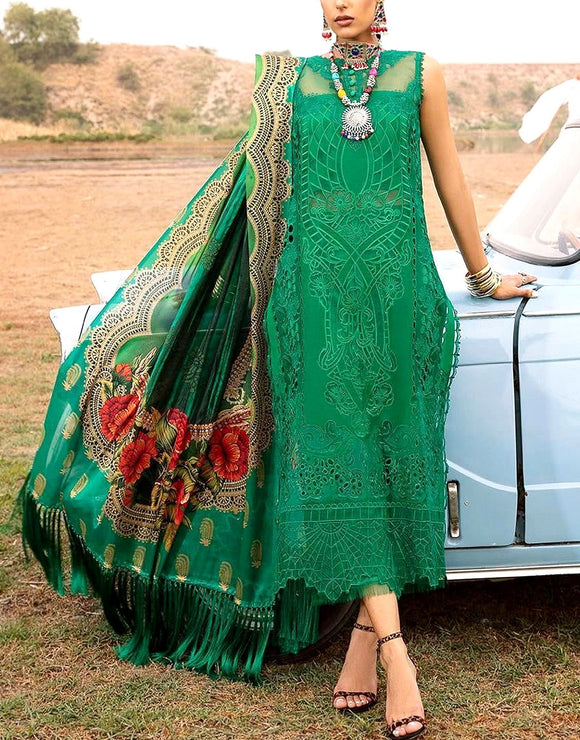 Luxury Heavy Schiffli Embroidered Cotton Dress with Silk Dupatta (DZ18001)