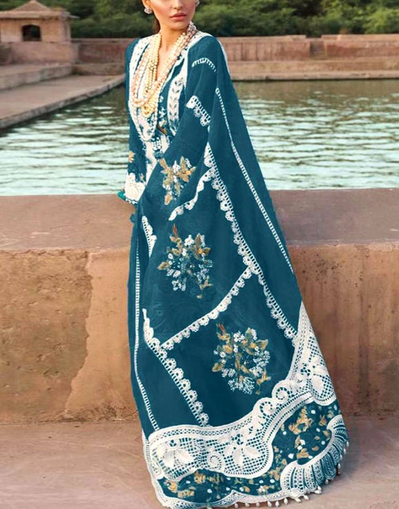 Luxurious Schiffli Embroidered Lawn Dress with 4-Side Embroidered Organza Dupatta (DZ18005)
