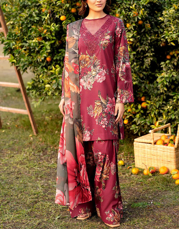 All-Over Print Embroidered Lawn Dress with Chiffon Dupatta (DZ18008)