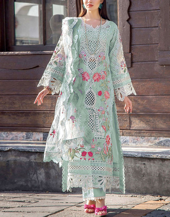 Luxury Heavy Schiffli Embroidered Cotton Lawn Dress with Emb. NET Dupatta (DZ18014)