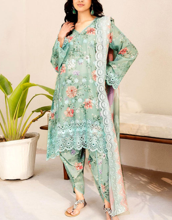 All-Over Print Schiffli Embroidered Lawn Dress with Emb. Chiffon Dupatta (DZ18015)