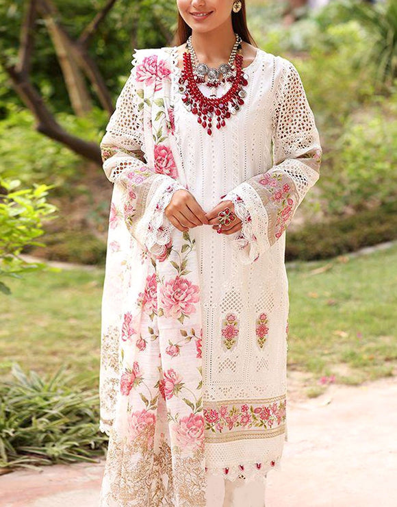 Luxury Heavy Schiffli Embroidered Lawn Party Dress with Silk Dupatta (DZ18017)