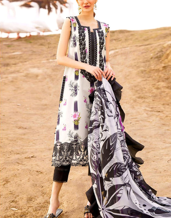 Elegant Embroidered Lawn Dress with Digital Print Silk Dupatta (DZ18022)