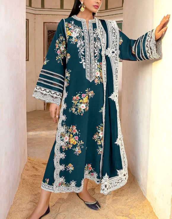 Elegant Embroidered Lawn Dress with Digital Print Diamond Dupatta (DZ18026)