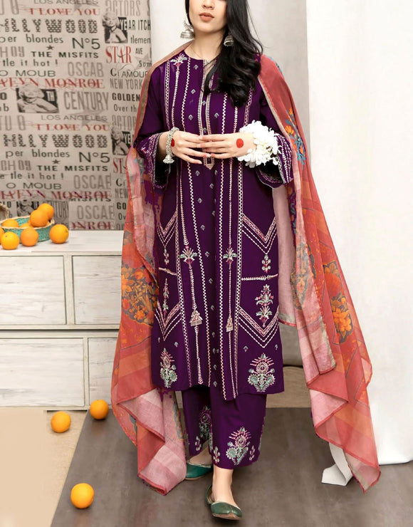 Elegant Embroidered Lawn Suit with Digital Print Diamond Dupatta (DZ18027)