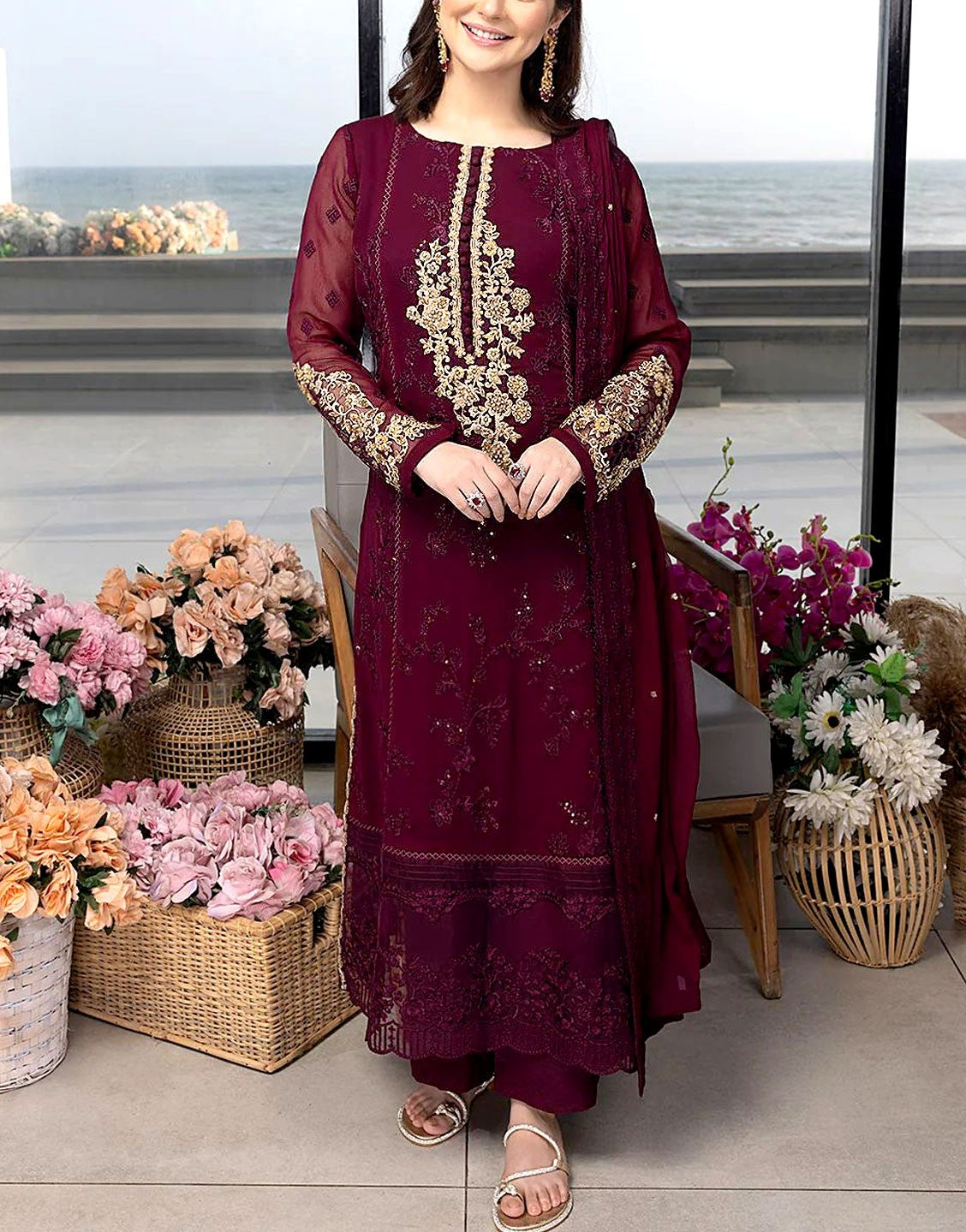 Adorable Embroidered Fancy Maroon Chiffon Party Wear Dress (DZ17400) –