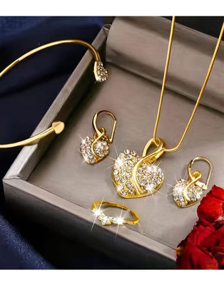 4-Piece Heart Shape Golden Jewelry Set for Girls with Bracelet, Earrings, Necklace and Ring (DZ18031)