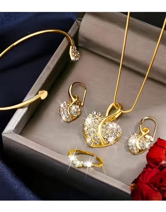 4-Piece Heart Shape Golden Jewelry Set for Girls with Bracelet, Earrings, Necklace and Ring (DZ18031)
