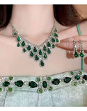 Elegant Green Rhinestone Teardrop Silver Necklace & Earrings Set (DZ18033)