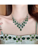 Elegant Green Rhinestone Teardrop Silver Necklace & Earrings Set (DZ18033)