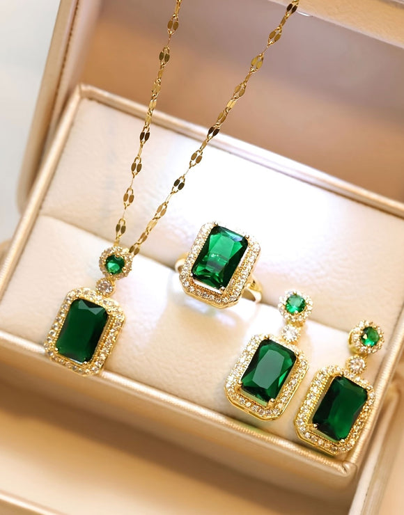 3-Piece Green Rhinestone Necklace Set with Ring & Earrings - Ideal for Daily Wear & Gifting (DZ18038)