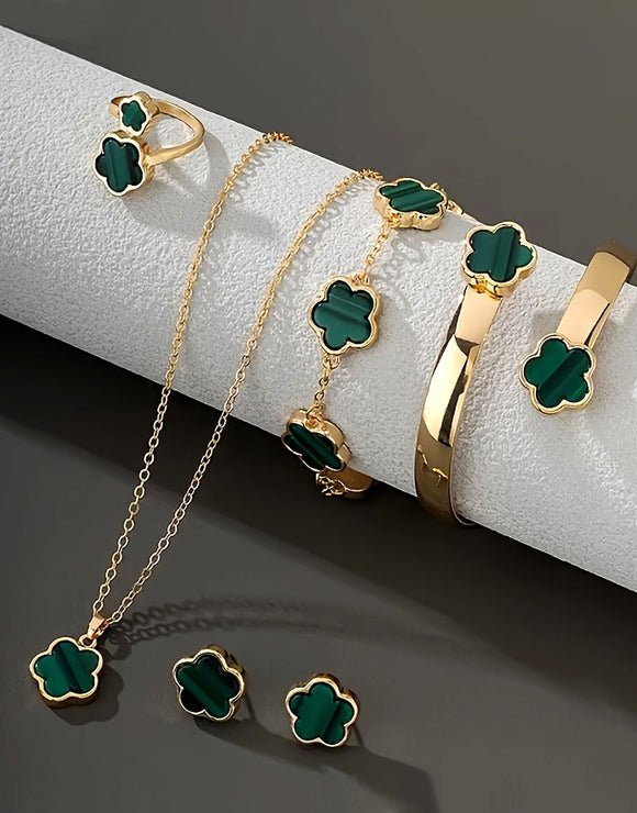 5-Piece Five Leaf Clover Design Jewelry Set includes Bracelet, Earrings, Kara, Necklace & Ring (DZ18039)