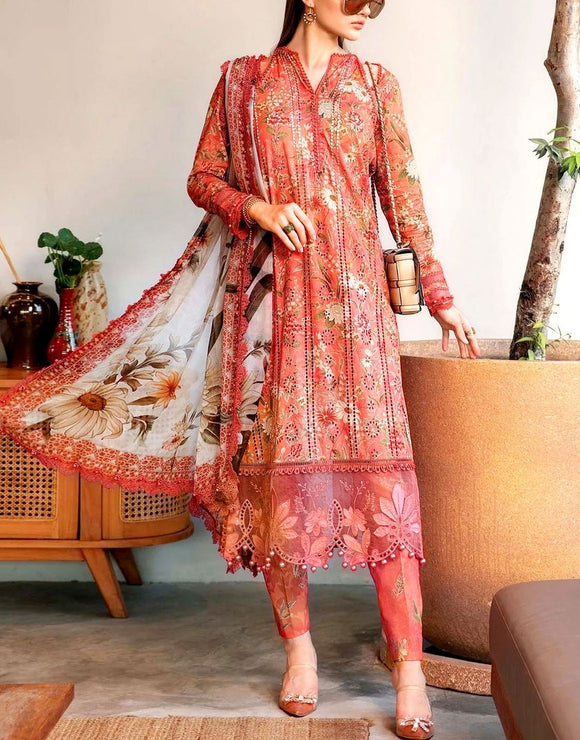 All-Over Print Schiffli Embroidered Lawn Dress with Chiffon Dupatta (DZ18044)