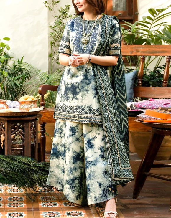All-Over Digital Print Embroidered Lawn Dress with Silk Dupatta (DZ18049)