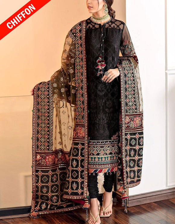 Heavy Embroidered Black Chiffon Party Dress with Printed Diamond Dupatta (DZ18051)