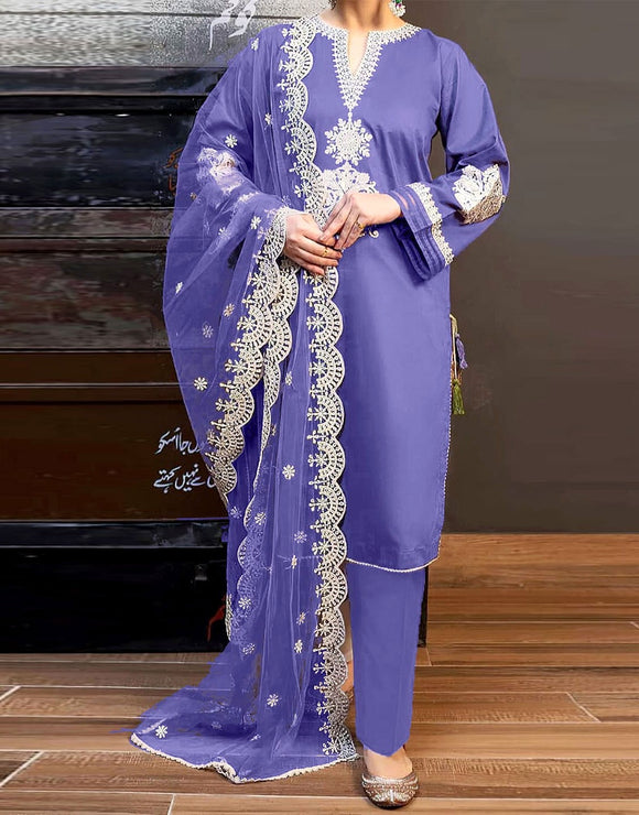 Elegant Embroidered Lawn Dress with Digital Print Diamond Dupatta (DZ18199)