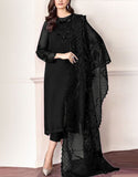 Fancy Embroidered Black Chiffon Party Wear Dress with Silk Trouser (DZ18211)