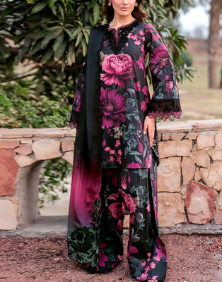 All-Over Print Embroidered Lawn Dress with Embroidered Chiffon Dupatta (DZ18212)