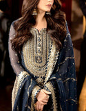 Luxury Heavy Embroidered Navy Blue Chiffon Wedding Wear Dress (DZ18214)