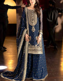 Luxury Heavy Embroidered Navy Blue Chiffon Wedding Wear Dress (DZ18214)