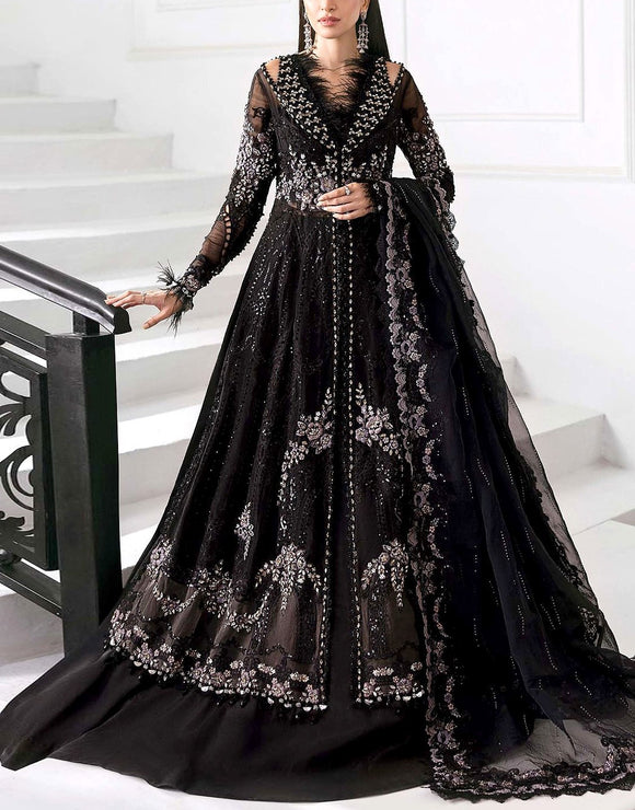 Heavy Embroidered with Handwork Black Chiffon Wedding Wear Dress (DZ18216)