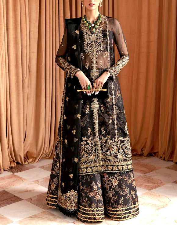 Luxurious Handwork Heavy Embroidered Black Organza Bridal Dress (DZ18217)
